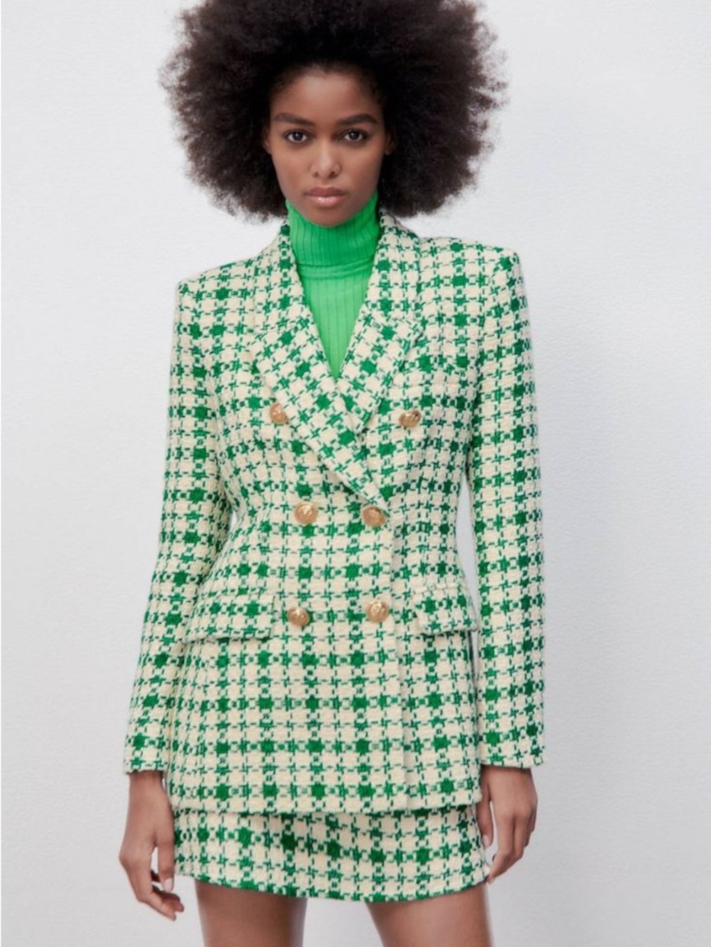 Zara Double-Breasted Green Check Tweed Set - Blazer and skirt M